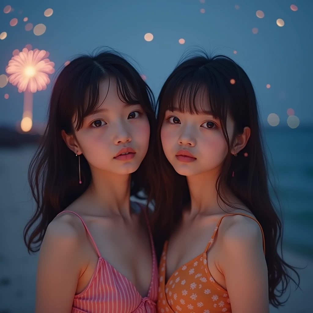抱き合う一卵性双生児姉younger sister、Japanese,1,younger sister,Randomly generated twins with diverse facial features and hairstyles,Perfect Anatomy,Ocean,Beach,firework,Night Sky,Launch firework, Ocean,Kind woman,photo shoot,magazine photograph