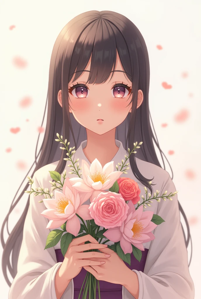 A Japanese 2D girl holding flowers