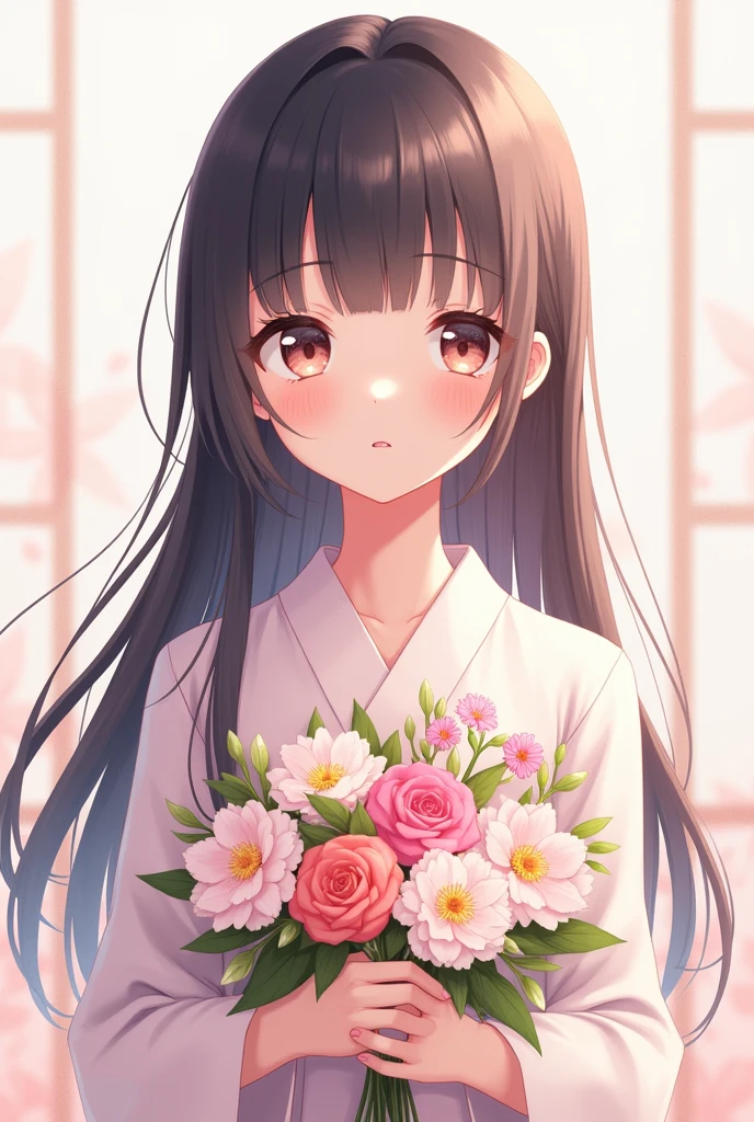 A Japanese 2D girl holding flowers