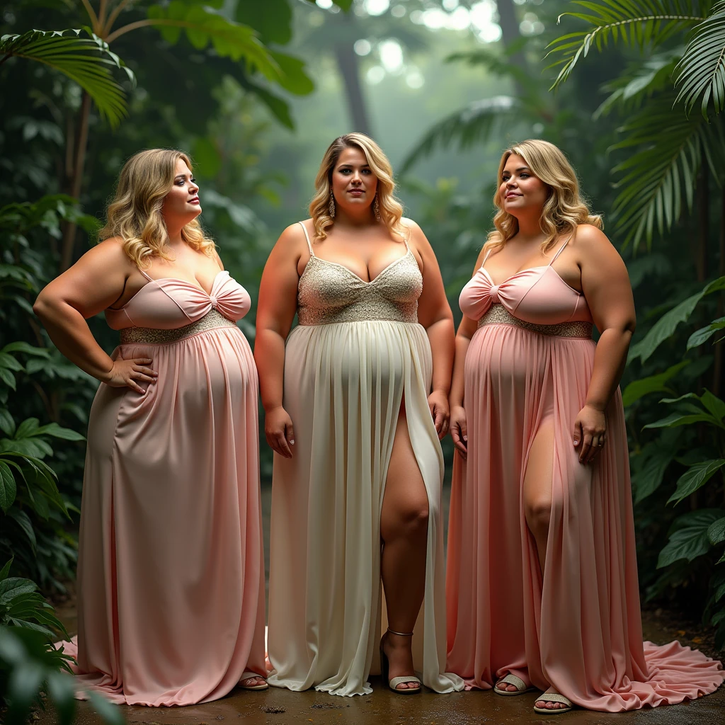 Three plus size model women have a lot of fat on their stomach and buttocks and weigh 150kg, they gained weight because of overeating, they are blonde haired obese women with very big stomach and buttocks, they are plus size models and their whole body is covered with a lot of fat, they are doing a photoshoot in the jungle wearing gorgeous dresses for the promotion of a high-end clothing brand, 4K quality