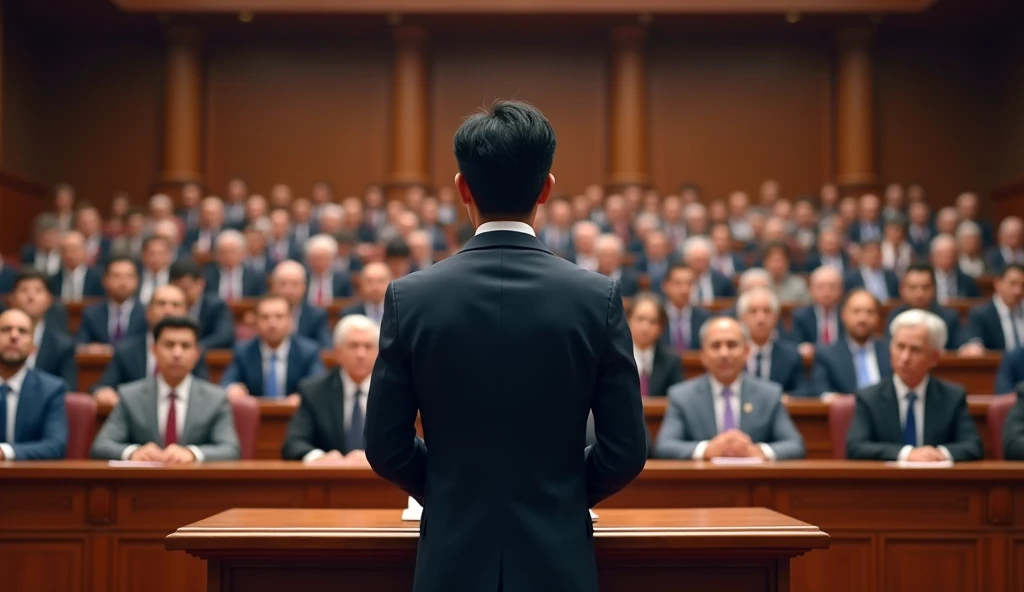 A young Asian man in a suit is speaking to politicians from various countries sitting in their seats in a huge lecture hall.，Politicians from all over the world are looking at men，No flags appear，