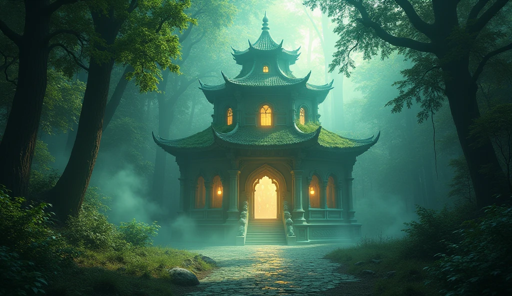 "Sage's hidden mystical palace in the middle of a dense forest, barely visible through an illusionary barrier with shimmering, ghostly light."