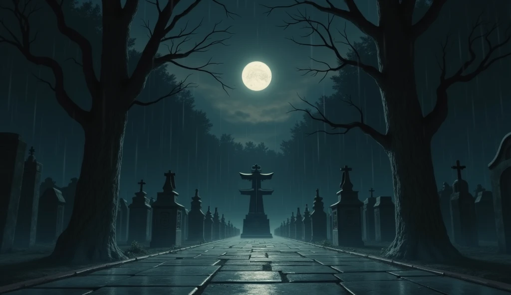 a japanese graveyard, no people, raining, night, moon, In the style of Makoto Shinkai。master piece, ultra detail, precision, ultra-realistic,