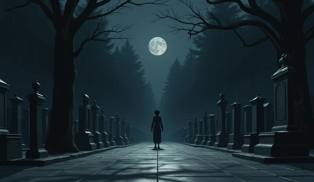a japanese graveyard, no people, raining, night, moon, In the style of Makoto Shinkai。master piece, ultra detail, precision, ultra-realistic,