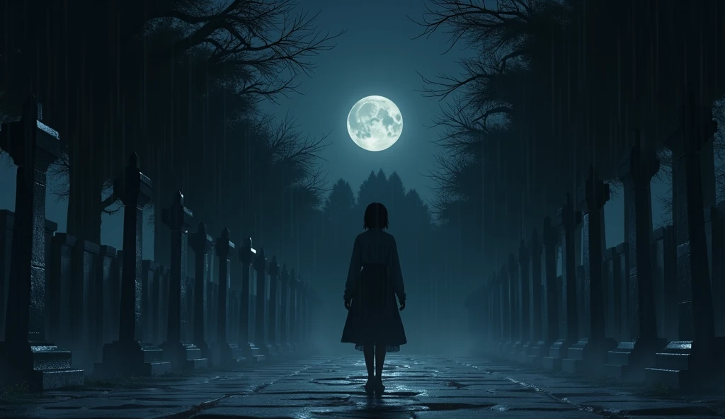 a japanese graveyard, no people, raining, night, moon, In the style of Makoto Shinkai。master piece, ultra detail, precision, ultra-realistic,