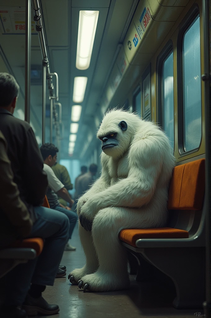 Make a sad yeti, sitting in train, with other workers back home