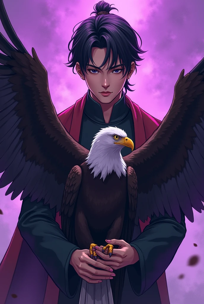 Digital manhwa 2d of (heeseung) with a (Flat face, thick eyebrows, and enticing lips), holding an eagle with an epic purple background