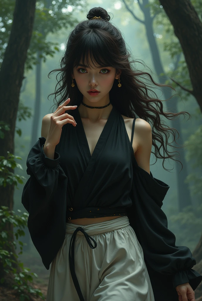 8k, best quality, ​masterpiece, muito detalhado, semi realistic, a girl, a girl, 20 age old, look at the hands, Long dark brown hair with bangs, Curly hairs, green eyes, black clothing in Japanese cut, white pants, bare shoulders, golden details, slender figure, cold facial expression, Fight scenes, outside, Forest background, with many trees and dark sky