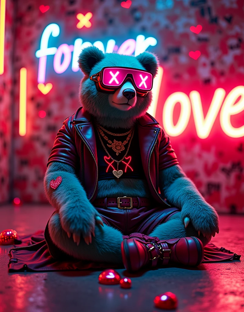black top fashion large neon glow glasses punk syle bear:: background neon words: ( forever love glowing letters will glow) :red hearts and XXX, neon graffiti background with hearts and lights sparkle hearts on the foots, VR mask on the head, red leather and green cloth fur highly detailed covered mirror cubes like disco ball, dark neon graffiti mode, blue fur bear sitting in meditation, on the background neon and metallic foil wall:: photo of 1 toy bear full body with fashion letters on it ROCKERS LOVE words ):: BEAR LOVE::, black mirror purple VR mask blue neon glow snowboard glasses and pink fur fur glow and golden green panama ibiza style fashion, mouth is closing ,hug ( neon glow my LOVE neon glow word :: ) with two red heart circle eyes in a style in mood and happy smiling with teeth smile wearing a