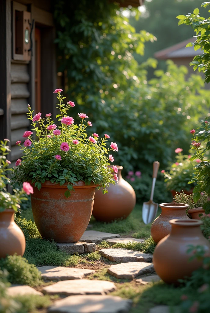 Behind a wooden house, there is a flower pot planted with beautiful plants. Beside him lay several large pottery containers that had broken and gardening tools such as a hoe, hand shovel and pongkes. Capture the atmosphere from a close-up with an emphasis on interweaving and form.