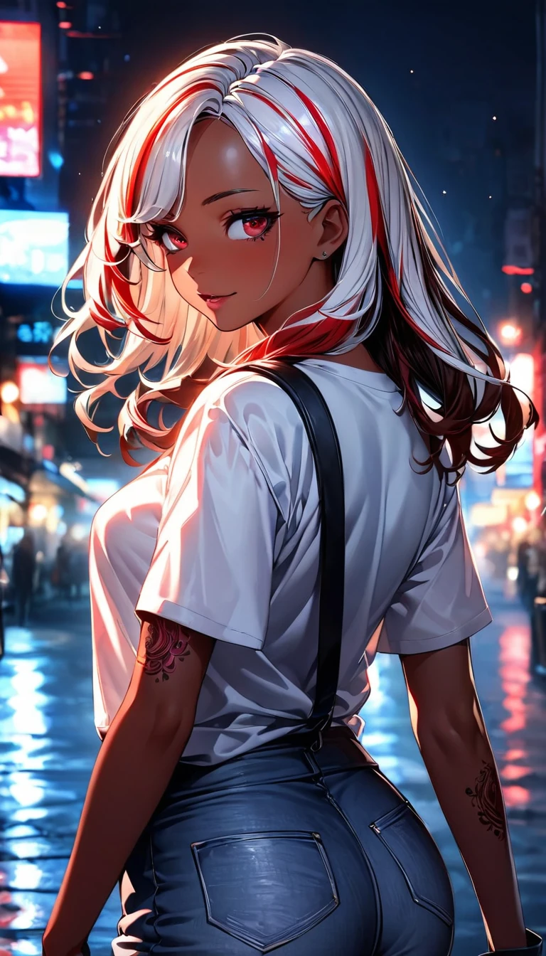 (highest quality:1.2, Very detailed, up to date, Vibrant, Ultra-high resolution, High Contrast, masterpiece:1.2, highest quality, Best aesthetics), Portraiture、girl、singer, solo, ((25-years-old:1)), Bright colors, Beautiful fine details、Beautiful lip detail、medium wave hair、red and white ((streaked hair:1.6)), highlights hair: 1.5, red eyes, slim body, medium breast, (tan skin:1.1), (Floral Fineline tattoo design on left arm:1), (Walking down the busy street at night:1), sparkling city lights, daypack on left shoulder, t-shirt, jeans short, long boots, looking back, cowboy shot
