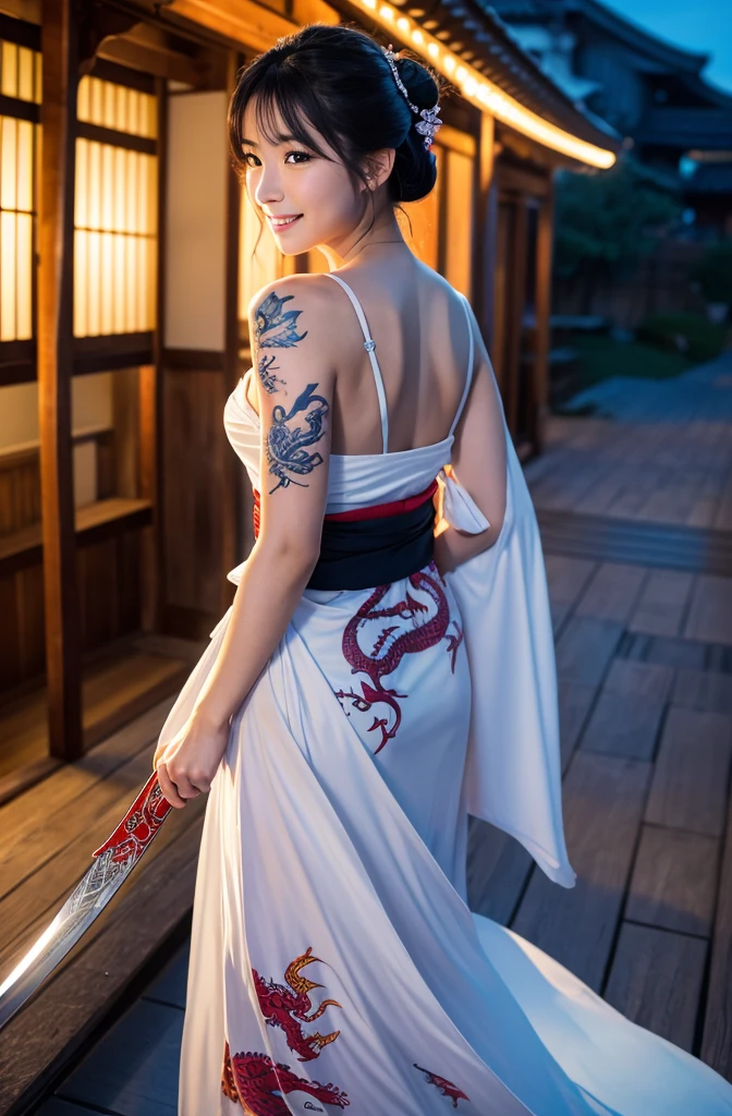 8K Ultra HD, Digital SLR,Film Grain, Fujifilm XT3,(Highest quality:1.3), (masterpiece:1.1), High resolution, Cinematic Light, Intricate details, (Realistic) (Night view) Realistic backlight、ドラマチックなredトーンの光、Beautiful Japanese Geisha full body photo, ((Facial texture Pore details)), Grin、悪魔のようなsmile, Simple messy hairstyle, 伝統的な龍のモチーフが描かれたサテンの黒いkimonoを着て, Open shoulders, Colorful dragon tattoos all over the body, Long blade, Inside a traditional villa,White-hilted Japanese sword, 8k, Front blur,Ultra HD, Digital SLR,Film Grain, Fujifilm(8k, Highest quality, masterpiece:1,2), (Realistic, Realistic:1.37), Very detailed, one person&#39;s,), (Very detailed), (Detailed and beautiful eyes), (Highest qualityの), (Very detailed ), (masterpiece), (Detailed face),woman((1)), hair((red, Wavy, length)), eye ((red eye, big eye)), Clothes((kimono，big slit, redい花柄)), accessories ((Earrings, necklace)), Huge breasts, big , smile, background,長いhair，Red Clothes，Cowboy Shot