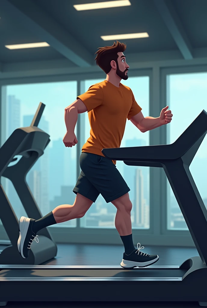cartoon man running on treadmill at gym

