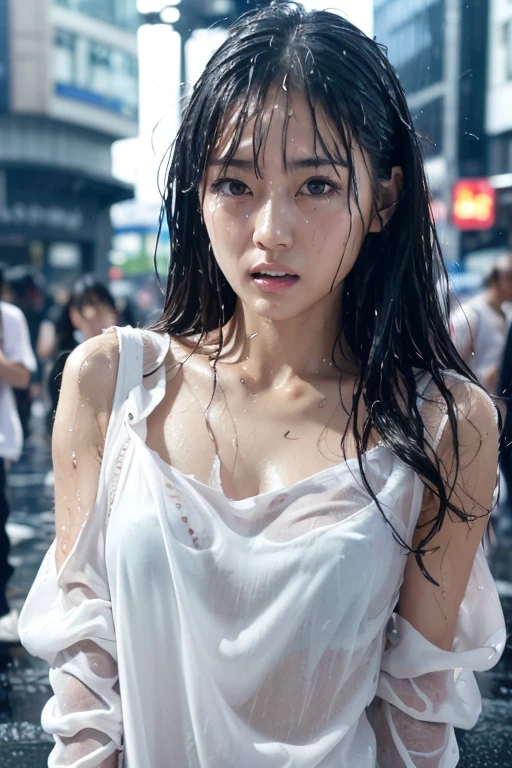 Best image quality, masterpiece, Ultra-high resolution, (Loyalty :1.4), Pretty Japanese woman, 1 person, Detailed face, Detailed eyes, Correct human anatomy, ,tears, tearsdrop, (White shirt), (Wet clothes stick to the body:1.4), Exposing shoulders, ((Wet Hair)), Heavy Rain, Shibuya Crossing