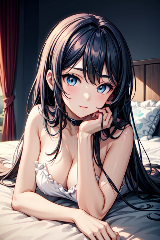 Anime girl with long deep blue hair and colorful eyes lying down on a bed, Shy girl, Girl with deep blue hair, 1K anime style, anime art wallpaper 2k, anime art wallpaper 2k, anime art wallpaper 2k, beautiful animated portrait, beautiful anime girl, 2k anime wallpaper, anime girl portrait, beautiful anime woman, cozy firplace with cozy clothing.