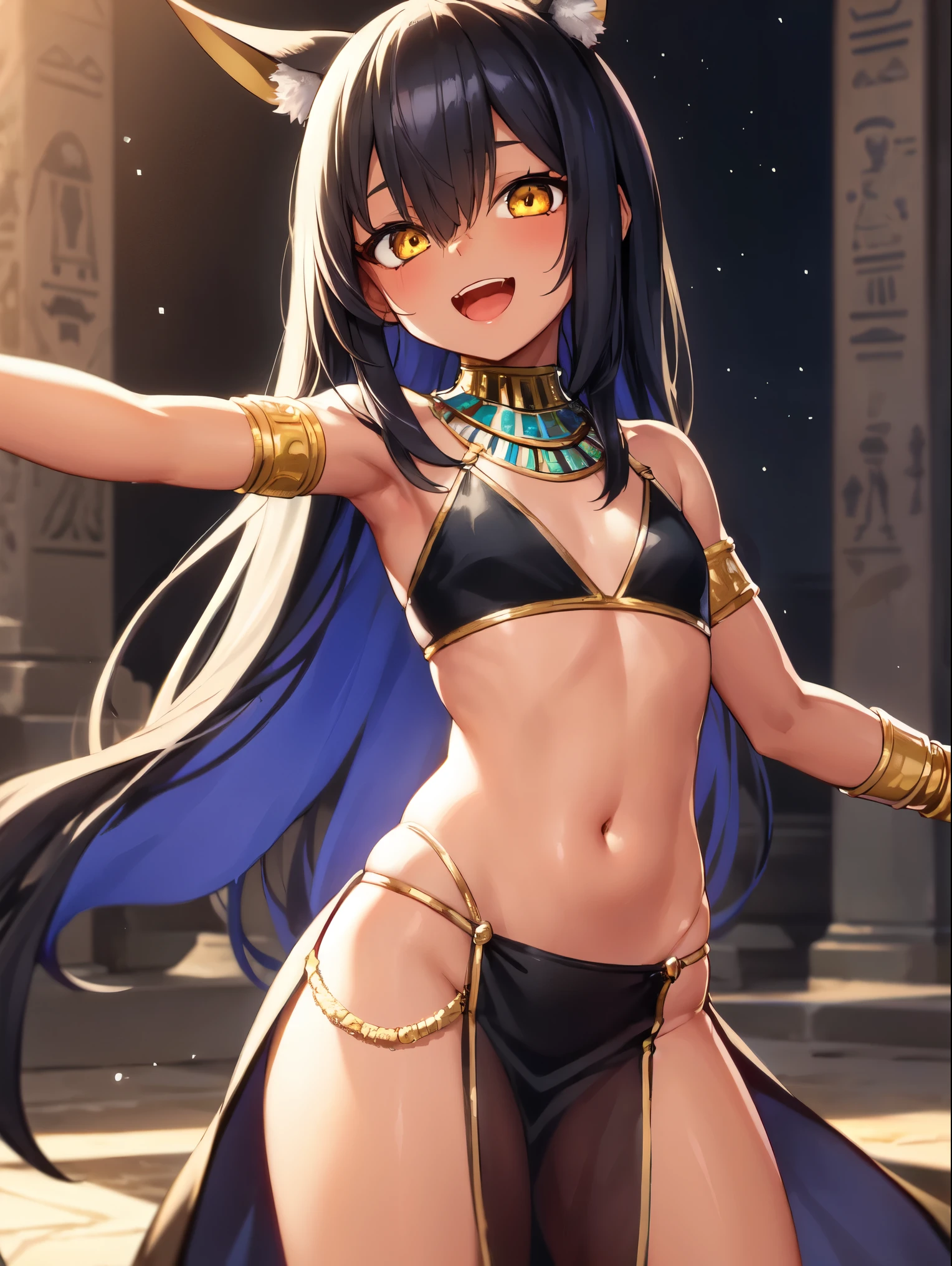 (SLE, mksks style, detailed background:1.1), (solo:1.3), girl, dark skin, ornate egyptian dress, long hair, black hair, beautiful hair, (hair over eye), yellow_eyes, happy,head tilt, volumetric lighting, (outdoor:1.3), egyptian, colorful, flat chest, female anubis, egyptian clothes, egyptian mythology, teen, lewd outfit, young, (young girl), (very yogirl), small girl,py outfit, midriff, nsfw, lewd, slutty facial expression, (dancing), open mouth, (dark skin), (pelvic curtain), dancer,