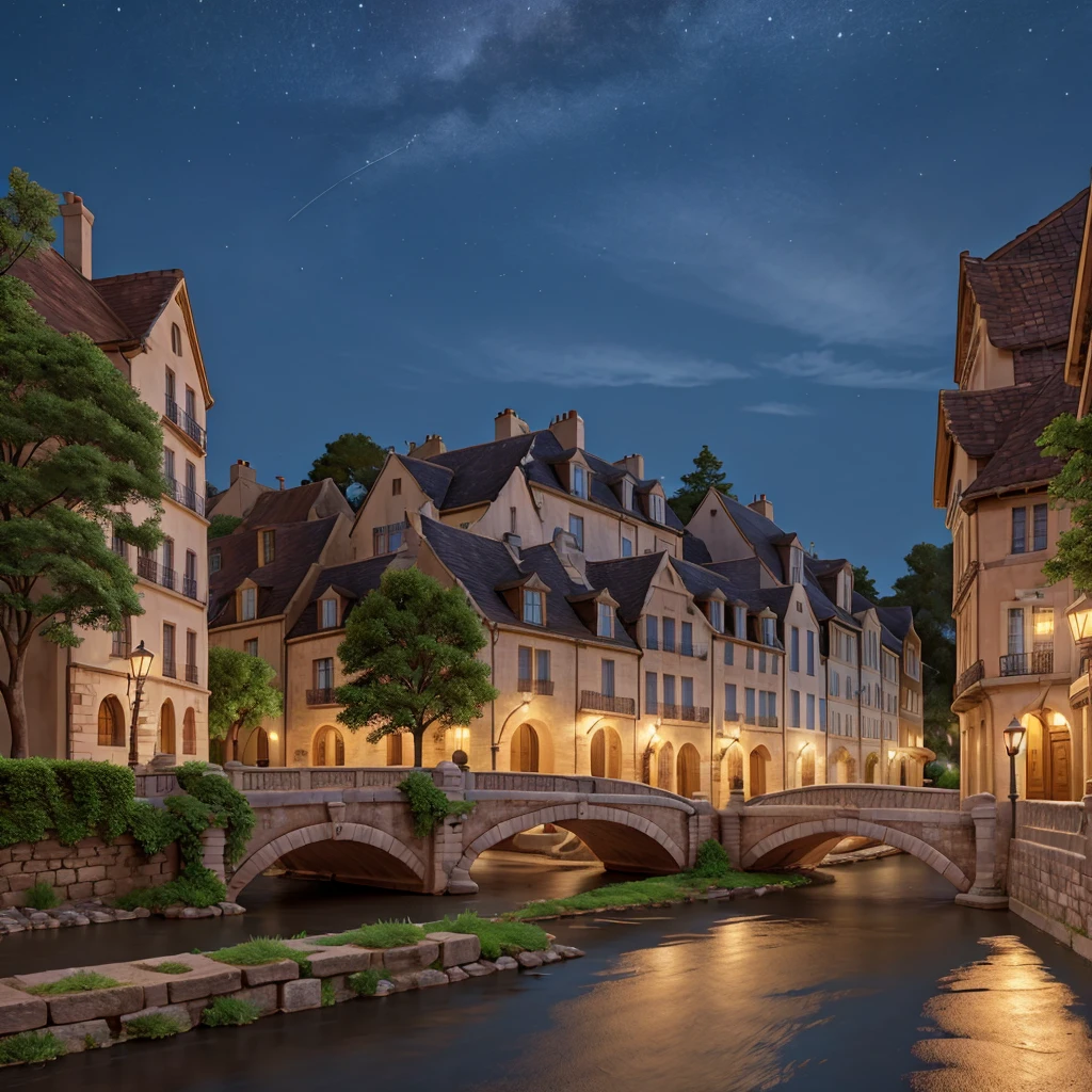 street and river stone bridge at midnight between alley of old French style houses