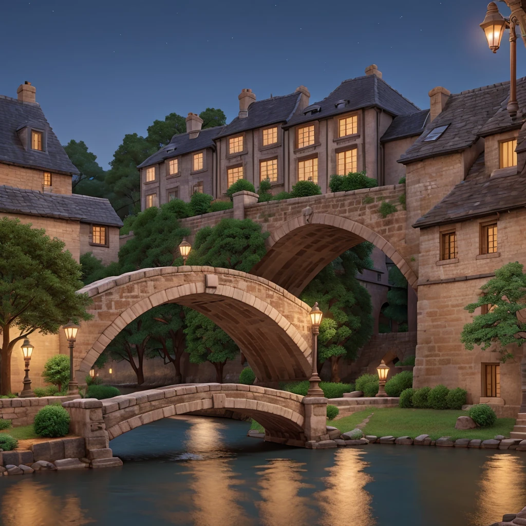 street and river stone bridge at midnight between alley of old French style houses
