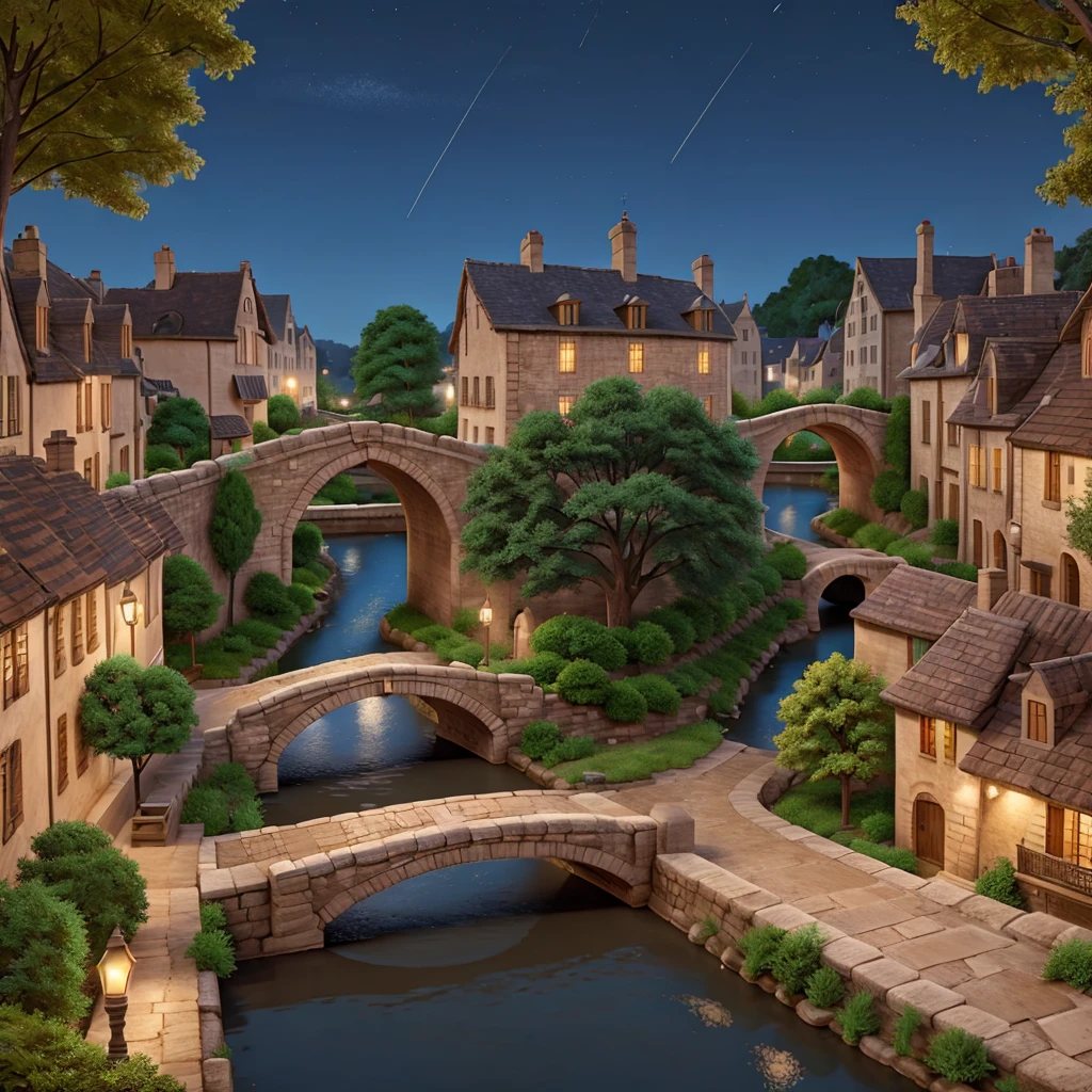 street and river stone bridge at midnight between alley of old French style houses