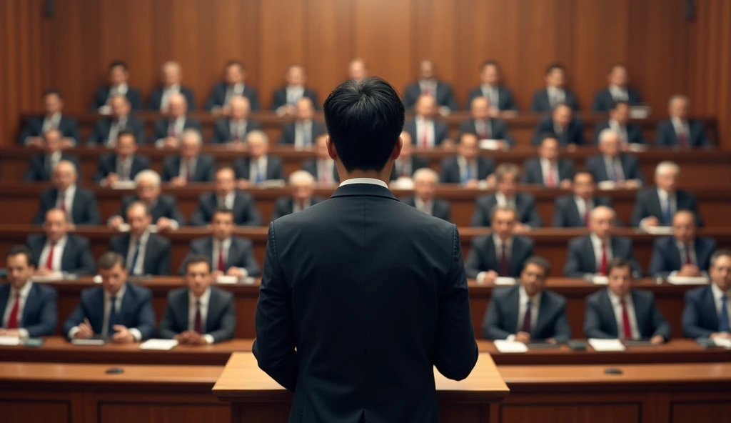 A young Asian man in a suit is speaking to politicians from various countries sitting in their seats in a huge lecture hall.,Politicians from all over the world are looking at men,No flags appear,