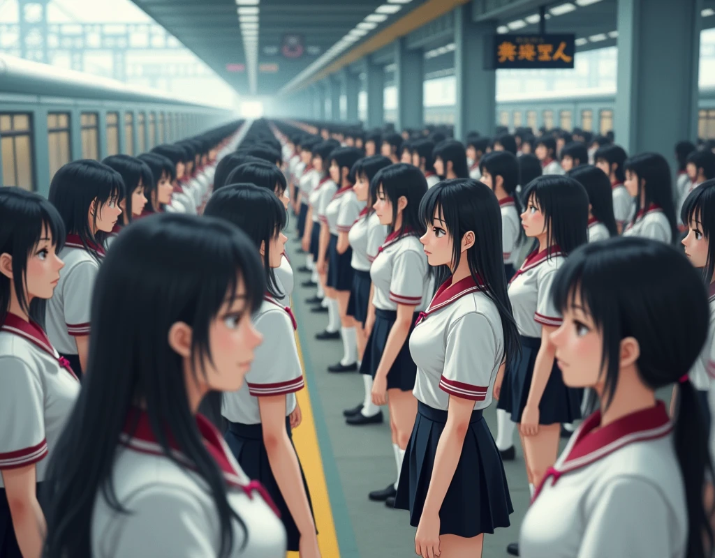(((((Japanese Clone-girls=Myself))))), (((Super Best masterpiece Clone-girls Raw Photography Art))), (((16K, Highest quality, Ultra-high resolution, RAW Photos))), (((It's so unrealistic., With unparalleled depiction, With an unfathomable sight, An unprecedented and shocking worldview, Clone-girls: In a world of mass reproduction, Ultra-realistic))), (((Japanese Girls, Yokoyama-Yui, 18yo, Small face, Thick black hair, long hair, Dark Eyes, Mature face, Cute Smile, Smiling face, A gentle gaze, (((Very pleasant look)))))), (((Very beautiful detailed girls, Accurate body structure, Accurate body movements, Very detailed body, (((Super big breasts, Large bulge of ample breasts)))))), (((High school girl's summer uniform, Short sleeve, mini skirt, hour々I can see your pants, Cleavage Emphasis, Emphasise the fullness of your breasts))), ((((((((Very detailed, Myself cloning, Depiction of splitting oneself, 1Myself girl→1,000,000,000,000,000,000,000,000,000,000Myself cloning girls)))))))), (((((((Myself clone-girlsから, Myself keeps multiplying, (Very detailed and intricate, To the exact, Flawless, (((In the same female body,With the same face, With the same hairstyle, In the same clothes, At the same height, 同じSuper big breastsである))), In a detailed depiction), 1,000,000,000,000,000,000,000,000,000,000 people))))))), (((((Myself girls only))))), (((((1,000,000,000,000,000,000,000,000,000,000Myself girls))))), Myself waiting for a train on the platform at a station in Japan, Depicting yourself moving and standing, View from the train side, Where the wind blows, A super crowded scene, Clear and accurate perspective depiction, Ultra-wide field of view, wide view, Focus on the average value of the image