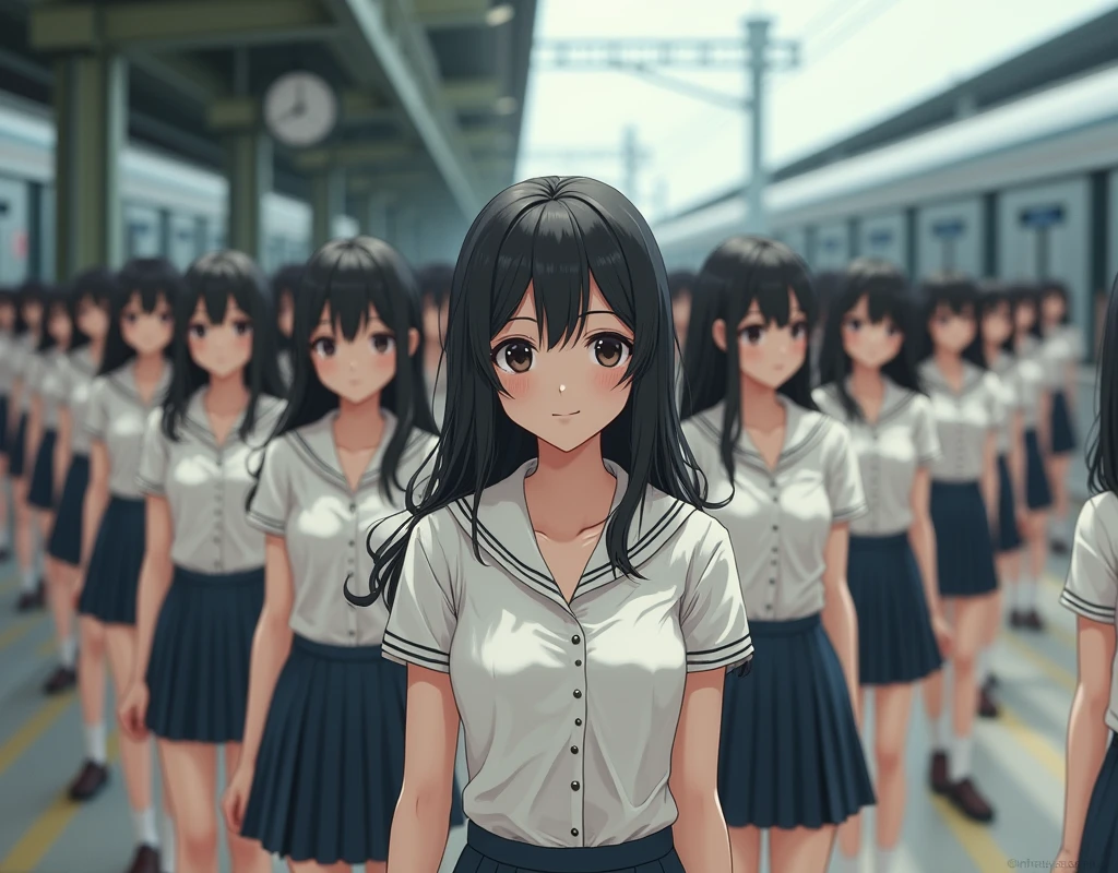 (((((Japanese Clone-girls=Myself))))), (((Super Best masterpiece Clone-girls Raw Photography Art))), (((16K, Highest quality, Ultra-high resolution, RAW Photos))), (((It's so unrealistic., With unparalleled depiction, With an unfathomable sight, An unprecedented and shocking worldview, Clone-girls: In a world of mass reproduction, Ultra-realistic))), (((Japanese Girls, Yokoyama-Yui, 18yo, Small face, Thick black hair, long hair, Dark Eyes, Mature face, Cute Smile, Smiling face, A gentle gaze, (((Very pleasant look)))))), (((Very beautiful detailed girls, Accurate body structure, Accurate body movements, Very detailed body, (((Super big breasts, Large bulge of ample breasts)))))), (((High school girl's summer uniform, Short sleeve, mini skirt, hour々I can see your pants, Cleavage Emphasis, Emphasise the fullness of your breasts))), ((((((((Very detailed, Myself cloning, Depiction of splitting oneself, 1Myself girl→1,000,000,000,000,000,000,000,000,000,000Myself cloning girls)))))))), (((((((Myself clone-girlsから, Myself keeps multiplying, (Very detailed and intricate, To the exact, Flawless, (((In the same female body,With the same face, With the same hairstyle, In the same clothes, At the same height, 同じSuper big breastsである))), In a detailed depiction), 1,000,000,000,000,000,000,000,000,000,000 people))))))), (((((Myself girls only))))), (((((1,000,000,000,000,000,000,000,000,000,000Myself girls))))), Myself waiting for a train on the platform at a station in Japan, Depicting yourself moving and standing, View from the train side, Where the wind blows, A super crowded scene, Clear and accurate perspective depiction, Ultra-wide field of view, wide view, Focus on the average value of the image