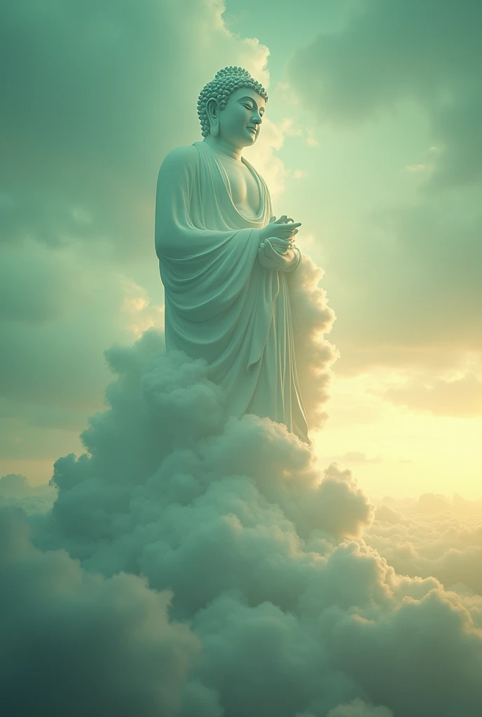 In a hyperrealistic style, a breathtaking image captures a colossal statue of Buddha made from immaculate white clouds, floating majestically in a toxic green sky at dawn. The Buddha, rendered with exquisite detail, radiates purity and serenity, its smooth, flawless surface glowing softly in the early morning light. Every contour of the statue is meticulously crafted, with the white clouds forming its body appearing almost solid, yet ethereal, as they contrast starkly against the surrounding sky.

The sky is an unsettling, toxic green, with clouds swirling ominously around the Buddha. Each cloud is depicted with hyperrealistic precision, their edges tinged with the sickly green hue that creates a striking contrast with the pure white of the Buddha. The morning light casts a soft, golden glow across the scene, highlighting the textures and details of the clouds and adding a surreal, almost otherworldly atmosphere.

The background features a sky filled with dense, green clouds that seem to pulse with an eerie, unnatural energy. The light of dawn breaks through the horizon, casting long, dramatic shadows and illuminating the Buddha from below, giving the scene a haunting yet serene quality. The green sky creates a stark contrast with the warm tones of the sunrise, enhancing the surreal and unsettling beauty of the scene.

In the foreground, the landscape below is bathed in the soft light of dawn, with the toxic green sky reflecting off any water surfaces, creating an otherworldly glow. The hyperrealistic details extend to every part of the image, from the intricate patterns of the clouds to the delicate play of light and shadow on the Buddha’s serene face. The entire composition is a stunning blend of purity and toxicity, captured in a moment of quiet dawn, where the white Buddha stands as a beacon of calm in an unsettlingly beautiful world