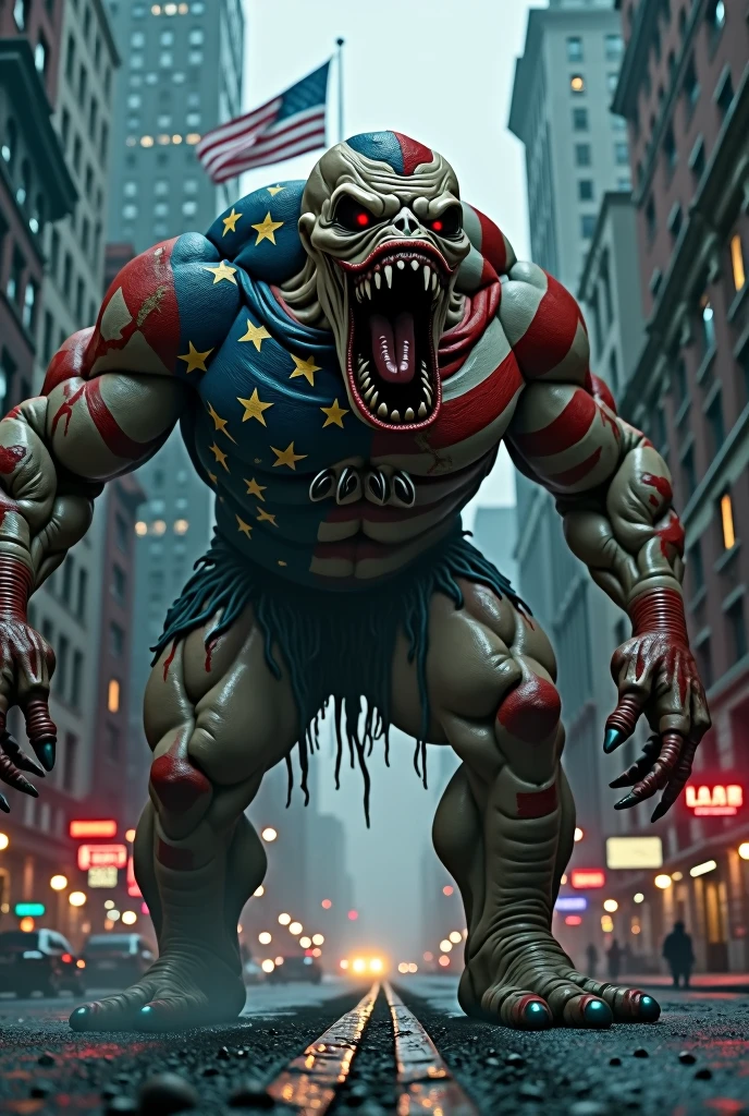 draw america if he was a scary monster. super realistic style. cinematic style. New York street background. American flag
