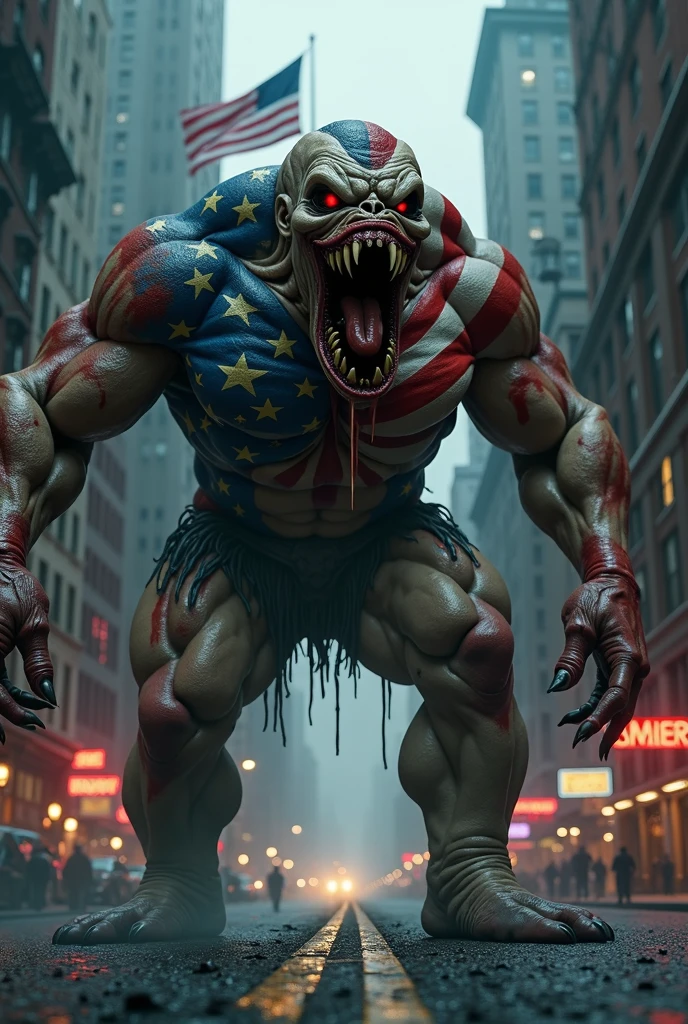 draw america if he was a scary monster. super realistic style. cinematic style. New York street background. American flag