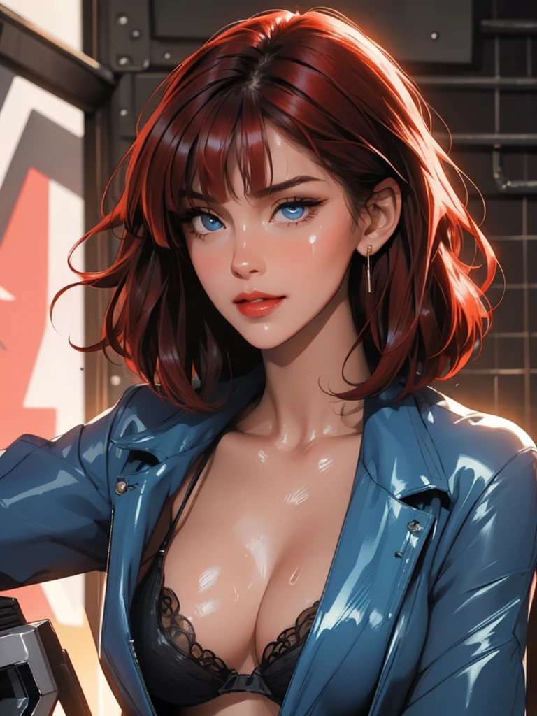 1girl,a beautiful fashion model ,(masterpiece, detailed background, best quality),short and shiny hair, red hair, hair with highlights, bangs, smirk,juicy lips,red lips, calmart, lingerie, stripping, elegant makeup, blue eyes, full body shot, (shiny skin), cyberpunk, sci fi, boa, extravagant jewelry, cocky expression, covered in jewelry, fancy, club outfit, shiny skin, wet skin. running hand through hair, leaning on wall, hair flip, sweat, dj, lights, beat spins you round