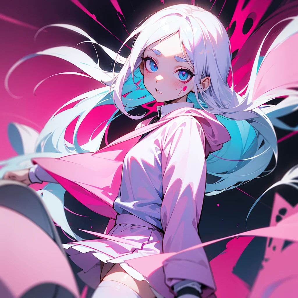 Assassin anime girl with a happy face wearing loose clothing white face white hair white eyebrows white eyelashes blue eyes wearing pink clothes pink shirt white skirt with pink dots and blue stars wearing pink almost transparent stockings with a lot of blood on her face and clothes with pink shoes dark background a dead person in front of her and police officers behind her and with a cute but scary expression