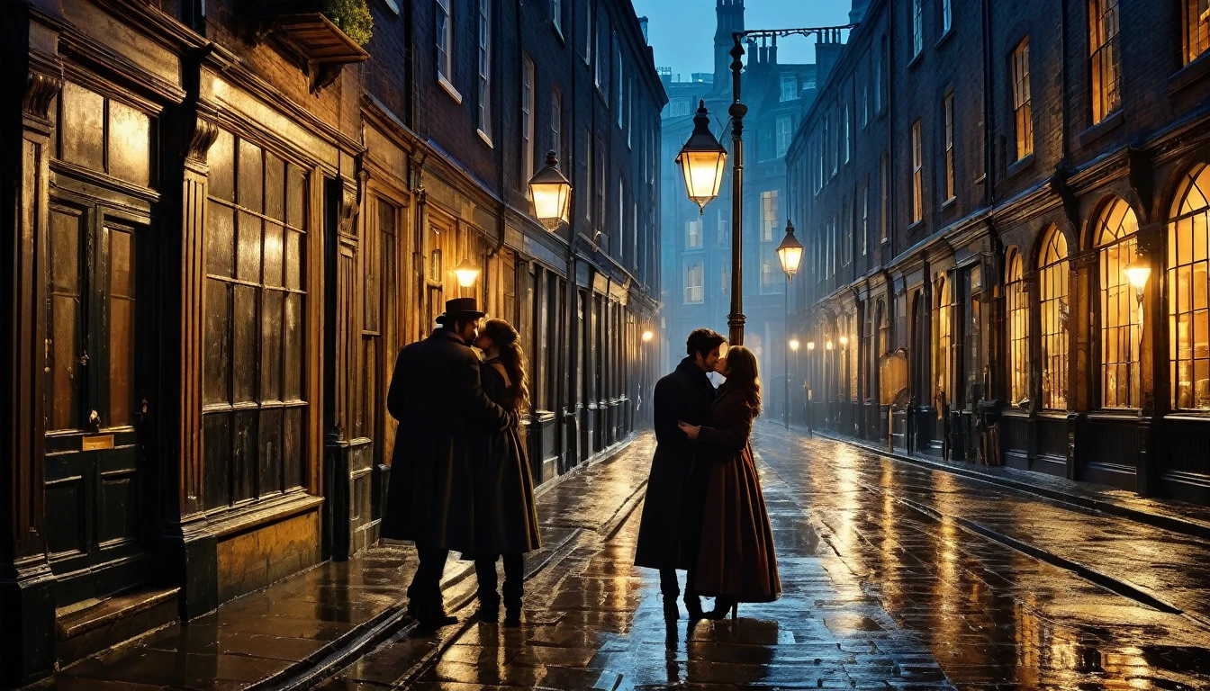 (located dramatically on victorian era in london, year 1840) slum night at downtown street alley with dramatic pole lamp light source) victorian building & street accurate with element detail with rustic realistic background, evening moody scene after rain, shade, shadow, cinematic, detail environtment scenery, 2 lovers are hugging, wearing wet victorian era clothes, shades backlight, desaturate mood & tone, ultra HD, taken with Fujifilm XF 56mm f/1.2 R Lens. long exposure, HDR10 8K