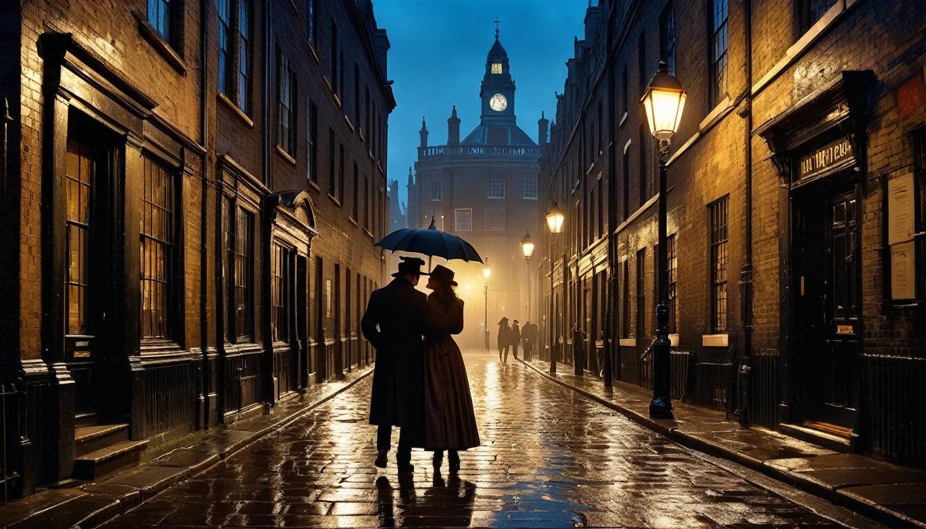 (located dramatically on victorian era in london, year 1840) slum night at downtown street alley with dramatic pole lamp light source) victorian building & street accurate with element detail with rustic realistic background, evening moody scene after rain, shade, shadow, cinematic, detail environtment scenery, 2 lovers are hugging, wearing wet victorian era clothes, shades backlight, desaturate mood & tone, ultra HD, taken with Fujifilm XF 56mm f/1.2 R Lens. long exposure, HDR10 8K