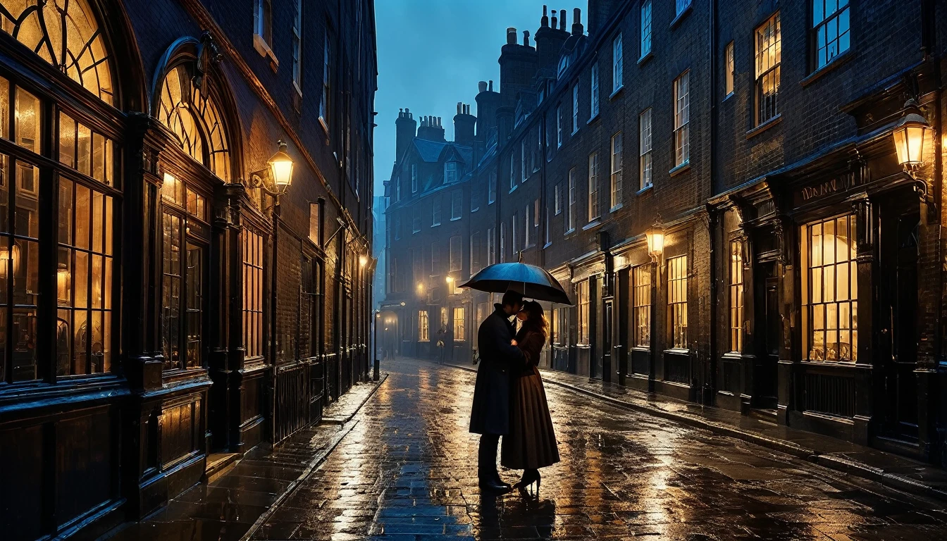 (located dramatically on victorian era in london, year 1840) slum night at downtown street alley with dramatic pole lamp light source) victorian building & street accurate with element detail with rustic realistic background, evening moody scene after rain, shade, shadow, cinematic, detail environtment scenery, 2 lovers are hugging, wearing wet victorian era clothes, shades backlight, desaturate mood & tone, ultra HD, taken with Fujifilm XF 56mm f/1.2 R Lens. long exposure, HDR10 8K