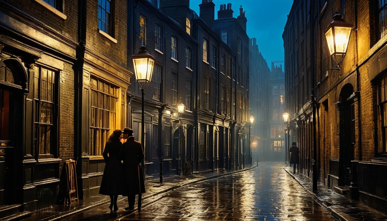 (located dramatically on victorian era in london, year 1840) slum night at downtown street alley with dramatic pole lamp light source) victorian building & street accurate with element detail with rustic realistic background, evening moody scene after rain, shade, shadow, cinematic, detail environtment scenery, 2 lovers are hugging, wearing wet victorian era clothes, shades backlight, desaturate mood & tone, ultra HD, taken with Fujifilm XF 56mm f/1.2 R Lens. long exposure, HDR10 8K