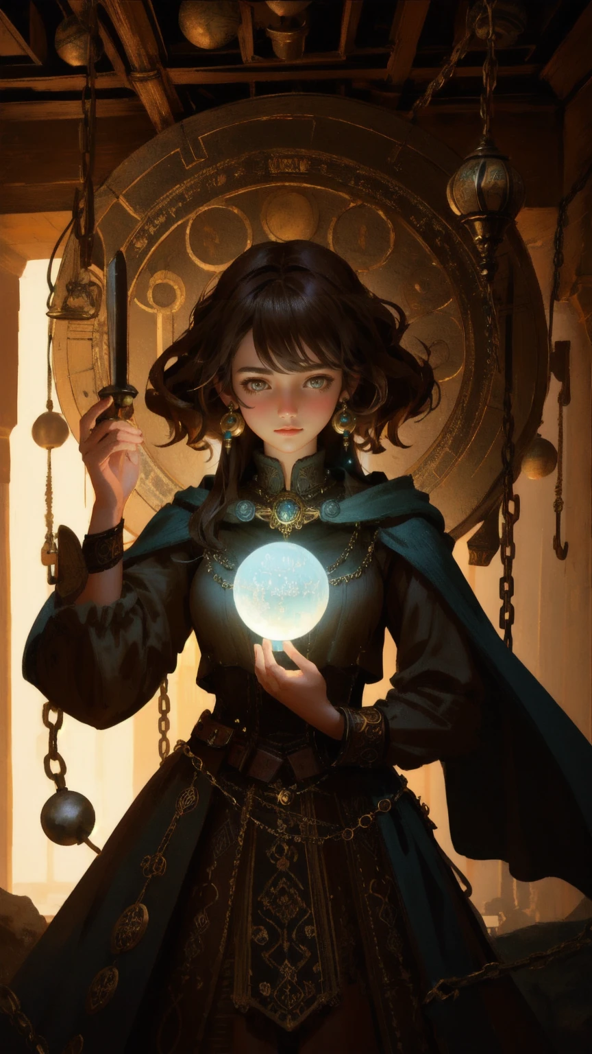 A detailed 3D illustration of a cute girl, in the style of a whimsical fantasy character, surrounded by ancient chains, holding a glowing orb in a mysterious, dimly-lit workshop. The scene is rich with intricate details, including tools and mystical artifacts tered around, all set in a rugged, brown-toned environment. The theme is 'Rug-Pull-Proof,' inspired by fantasy art with a blend of steampunk elements, maintaining the magical and mechanical atmosphere, with the girl replacing the original creature, yet fitting seamlessly into the mystical world.