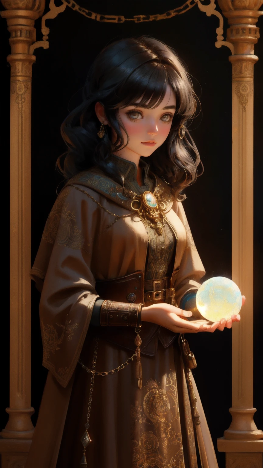 A detailed 3D illustration of a cute girl, in the style of a whimsical fantasy character, surrounded by ancient chains, holding a glowing orb in a mysterious, dimly-lit workshop. The scene is rich with intricate details, including tools and mystical artifacts scattered around, all set in a rugged, brown-toned environment. The theme is 'Rug-Pull-Proof,' inspired by fantasy art with a blend of steampunk elements, maintaining the magical and mechanical atmosphere, with the girl replacing the original creature, yet fitting seamlessly into the mystical world.
