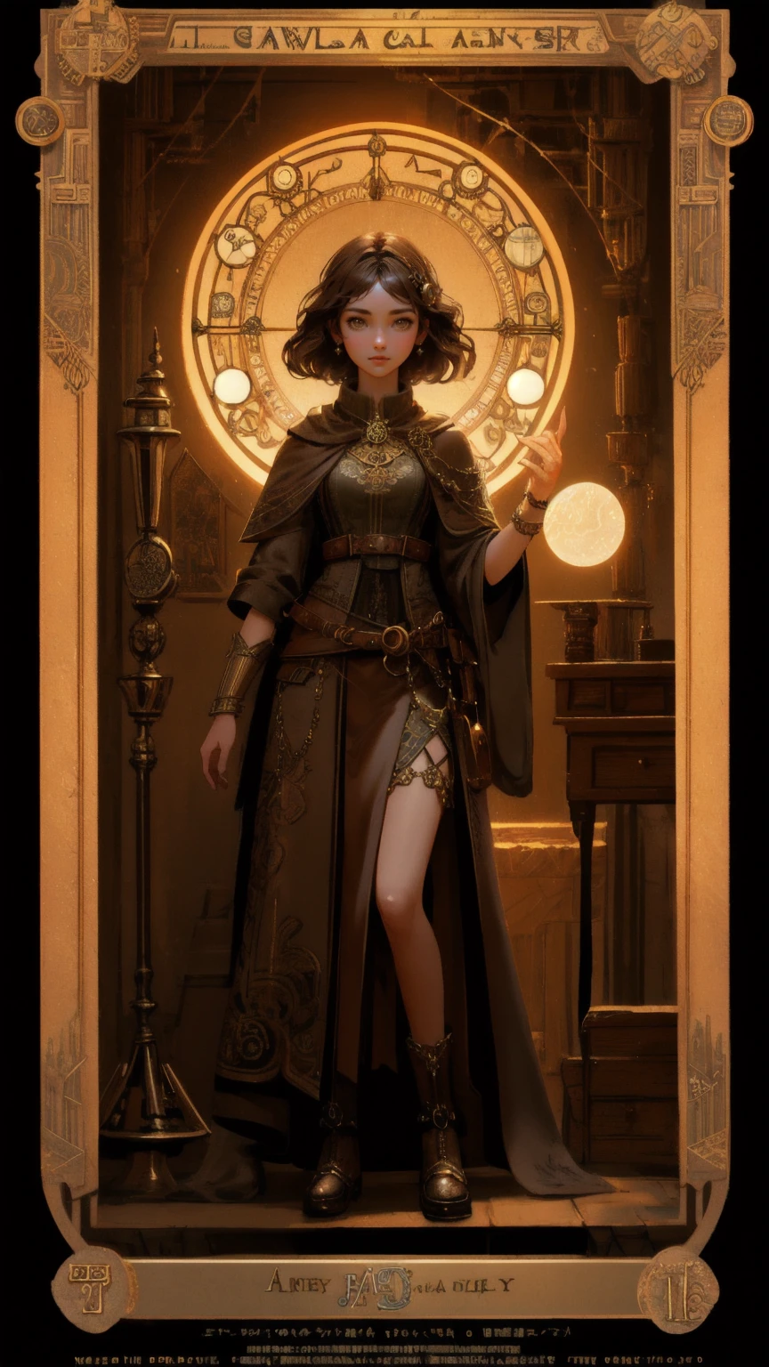 A detailed 3D illustration of a cute girl, in the style of a whimsical fantasy character, surrounded by ancient chains, holding a glowing orb in a mysterious, dimly-lit workshop. The scene is rich with intricate details, including tools and mystical artifacts scattered around, all set in a rugged, brown-toned environment. The theme is 'Rug-Pull-Proof,' inspired by fantasy art with a blend of steampunk elements, maintaining the magical and mechanical atmosphere, with the girl replacing the original creature, yet fitting seamlessly into the mystical world.