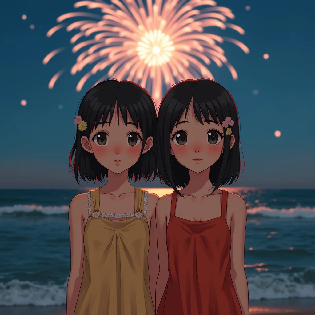 抱き合う一卵性双生児姉younger sister、Japanese，1，younger sister，Randomly generated twins with diverse facial features and hairstyles，Perfect Anatomy,Ocean，Beach，firework，Night Sky，Launch firework， Ocean，Kind woman，photo shoot，magazine photograph