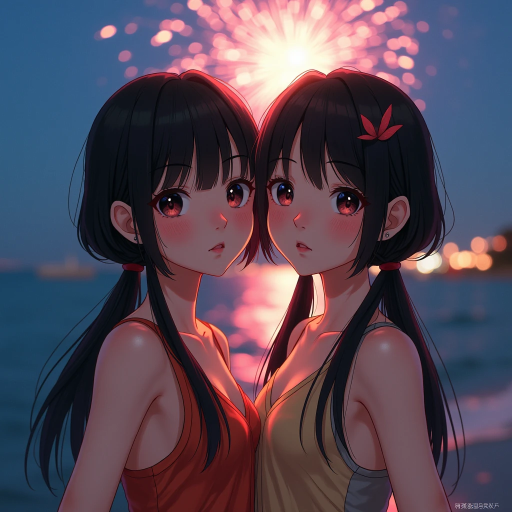 抱き合う一卵性双生児姉younger sister、Japanese,1,younger sister,Randomly generated twins with diverse facial features and hairstyles,Perfect Anatomy,Ocean,Beach,firework,Night Sky,Launch firework, Ocean,Kind woman,photo shoot,magazine photograph