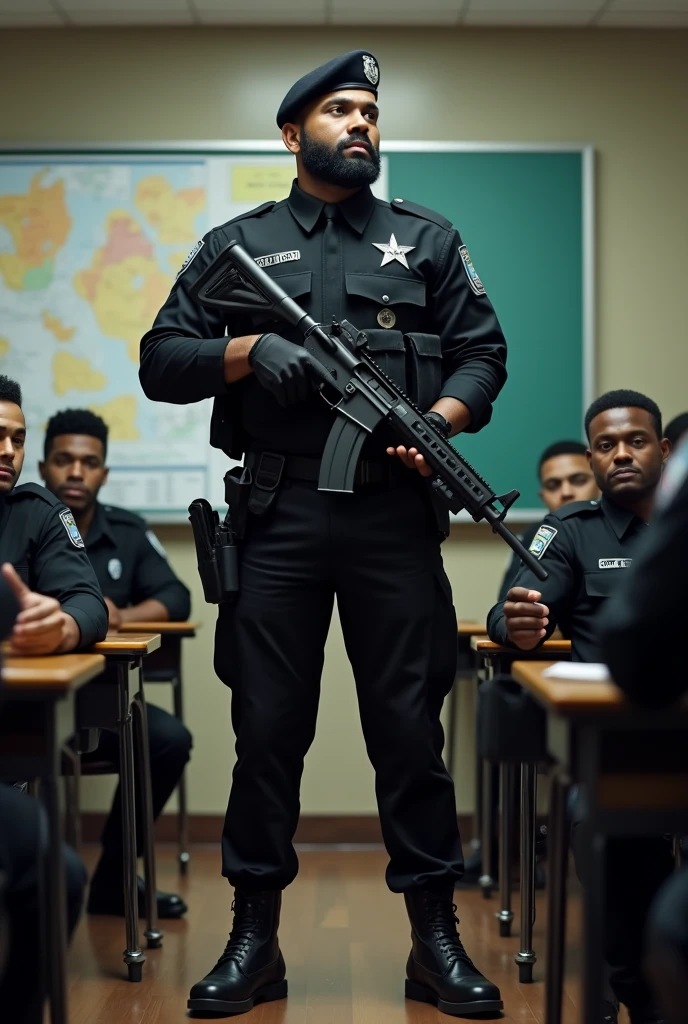 Young strong bearded Brazilian cafuzo police officer in black military tactical police uniform, Lottery, elite, boina preta, armed with rifle, black boots, teaching in a classroom.
…