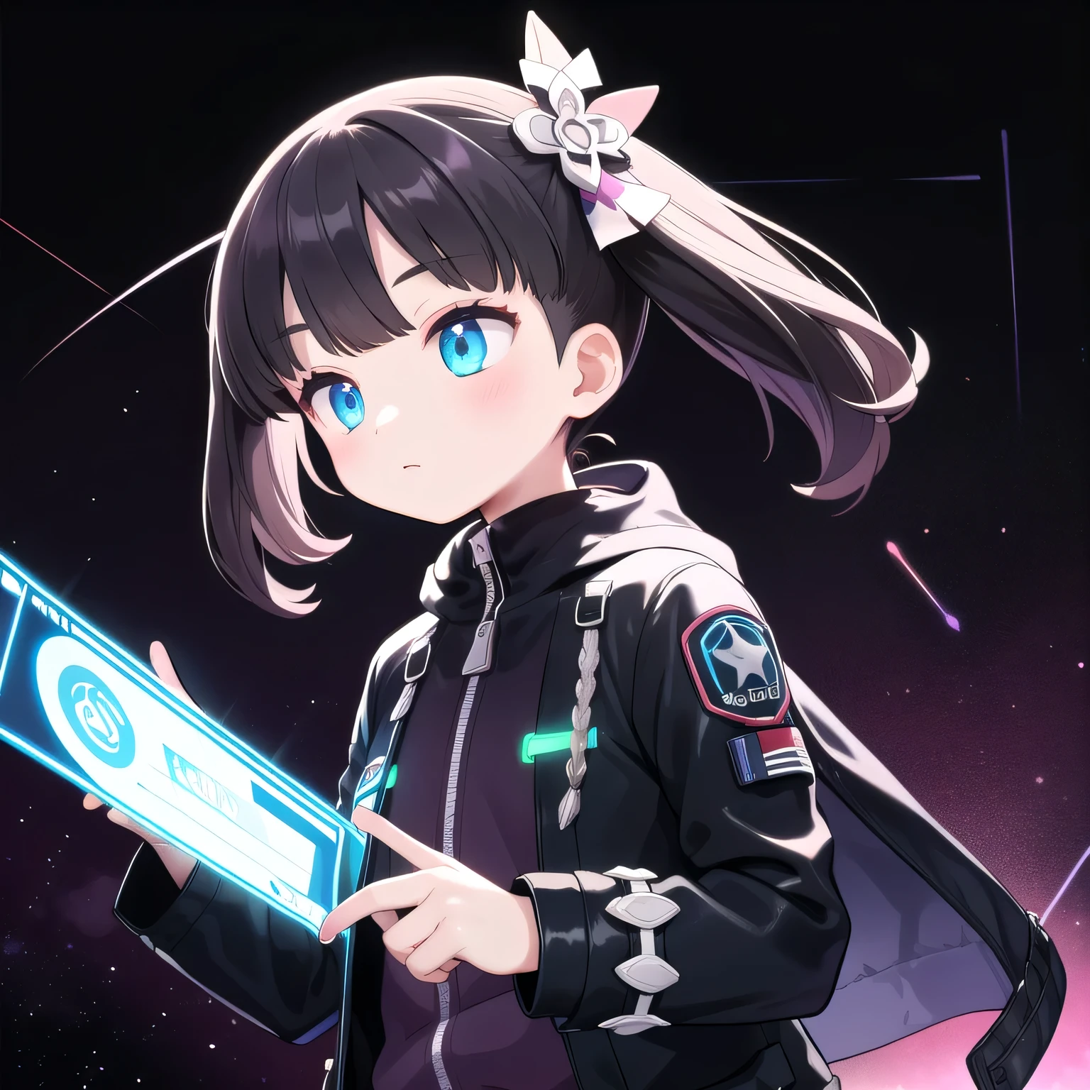 DiscoTech , uv blacklights,sequined,scifi, iono1, long hair, jacket, long sleeves, hair ornament, have a board