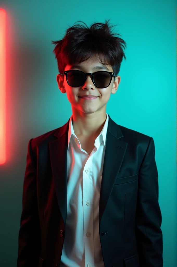 A young boy age 15 with dark hair and sunglass.He is dressed in a black blazer over a white shirt.The man is positiond against aqua colour backdrop with a subtle red lighting on the left side.and he posing for Linkedin profile
