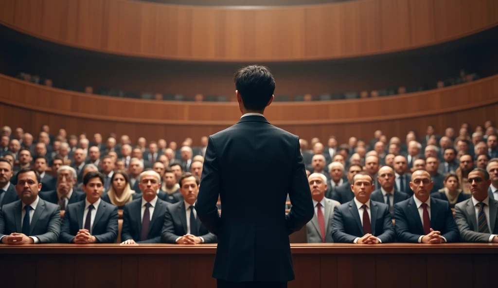A young Asian man in a suit is speaking to politicians from various countries sitting in their seats in a huge lecture hall.，Politicians from all over the world are looking at men，No flags appear，