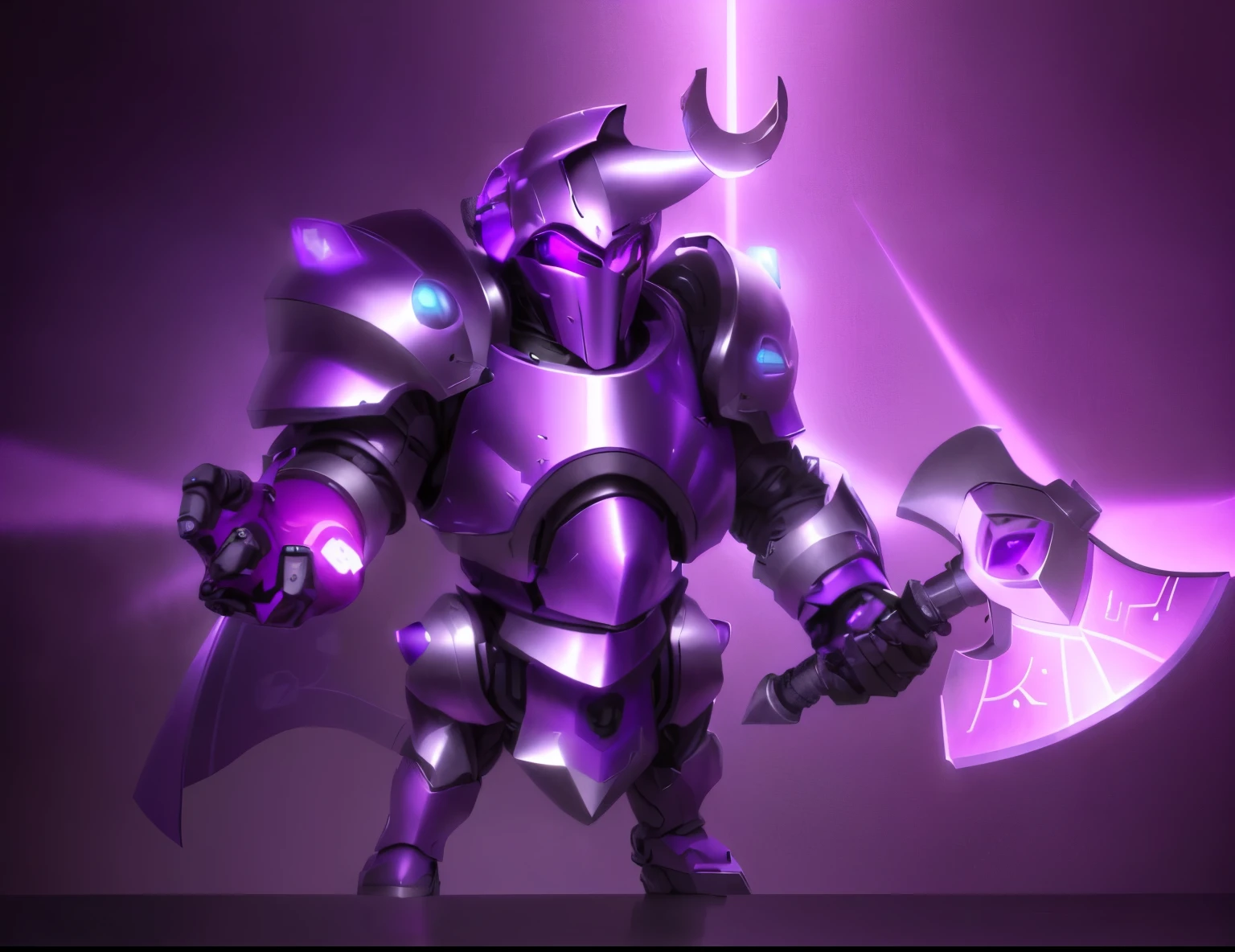 a close up of a robot with a purple helmet and a purple sword, agent pekka, sleek purple armor, evil knight, sharp silver armor fuchsia skin, clash royal style characters, purple glowing core in armor, wearing dark purple armor, fuchsia skin beneath the armor, purple armor, obsidians skin, fuchsia skin below the armor, with sleek silver armor
