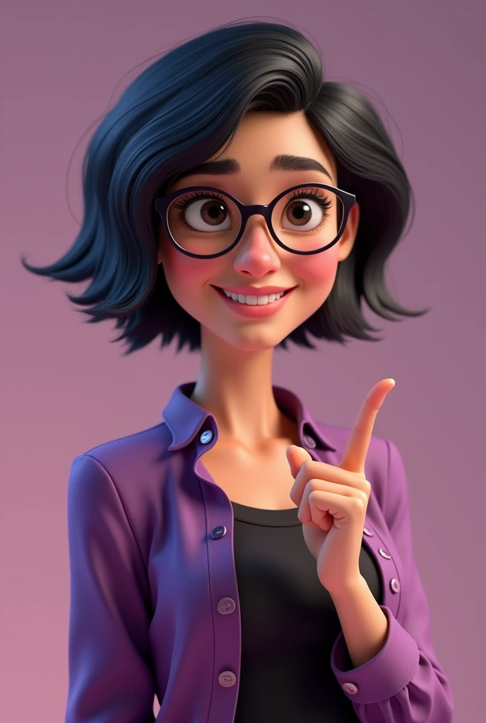 3D animated woman with short black hair in the Pixar style, wearing a purple and black shirt , smiling and wearing glasses giving a like with his finger