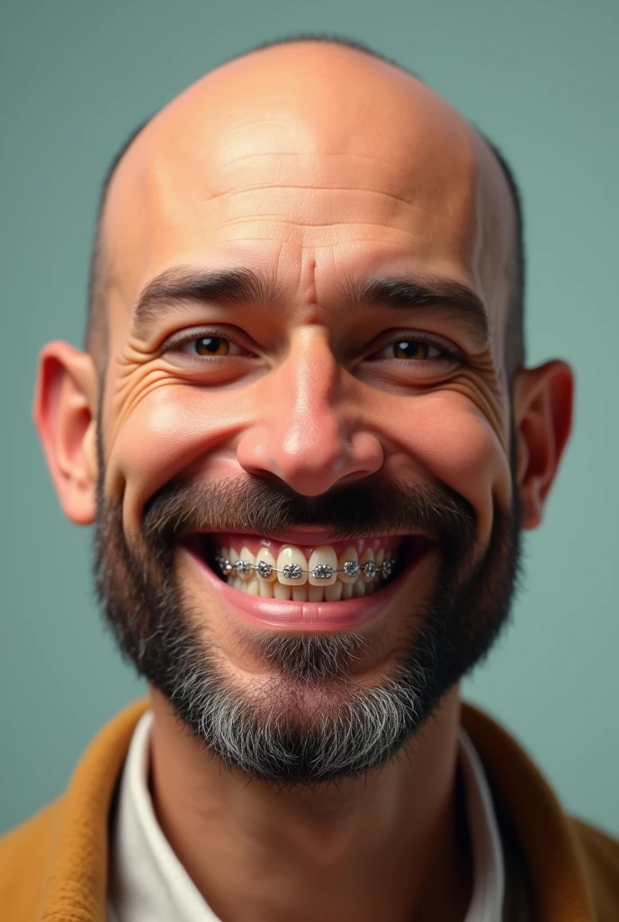 Create a command prompt for a realistic bald man with short beard wearing fat braces smiling 