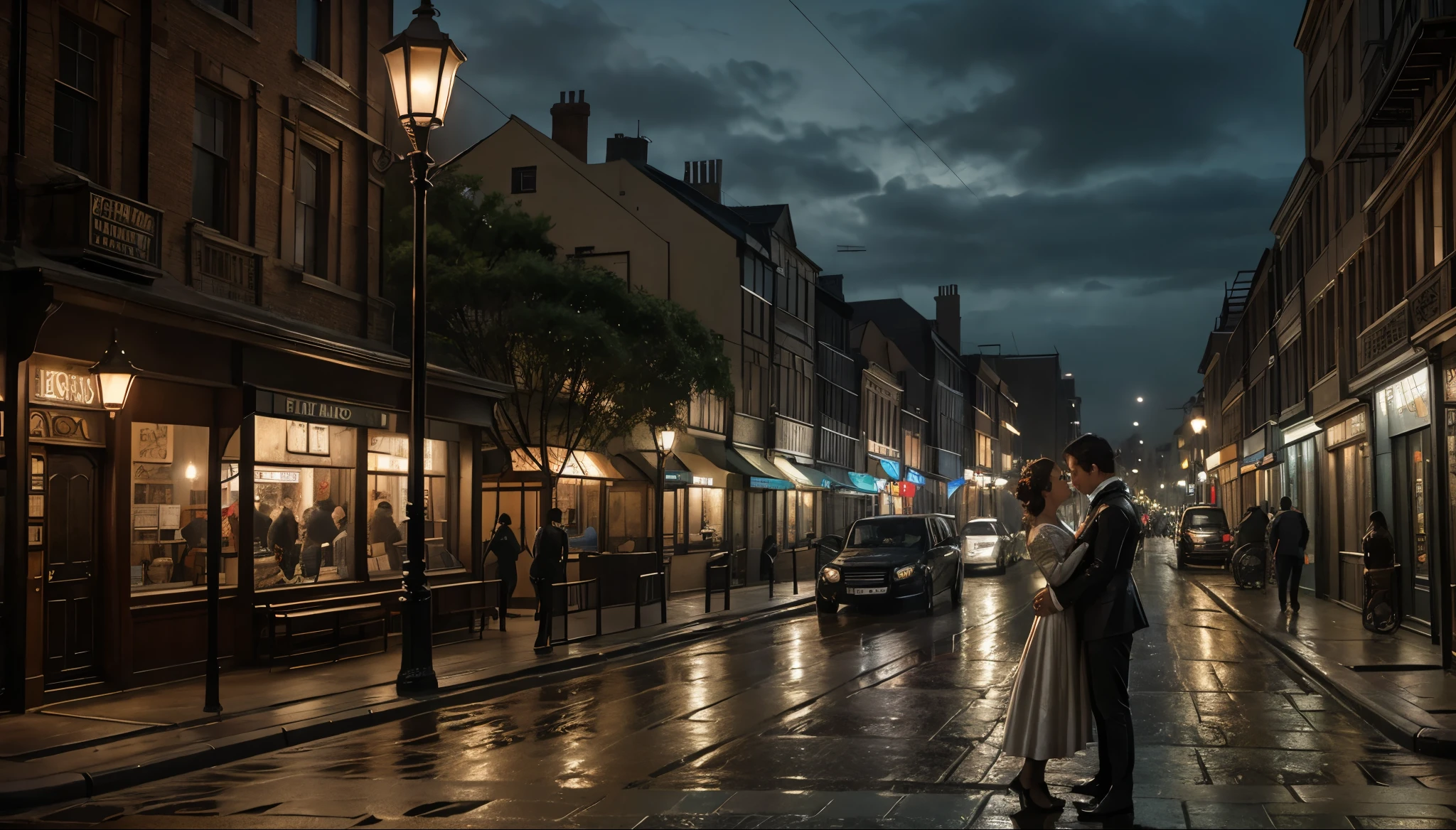 (located dramatically on victorian era in london, year 1840) slum night at downtown street alley with dramatic pole lamp light source) victorian building & street accurate with element detail with rustic realistic background, evening moody scene after rain, shade, shadow, cinematic, detail environtment scenery, 2 lovers are hugging, wearing wet victorian era clothes, shades backlight, desaturate mood & tone, ultra HD, taken with Fujifilm XF 56mm f/1.2 R Lens. long exposure, HDR10 8K