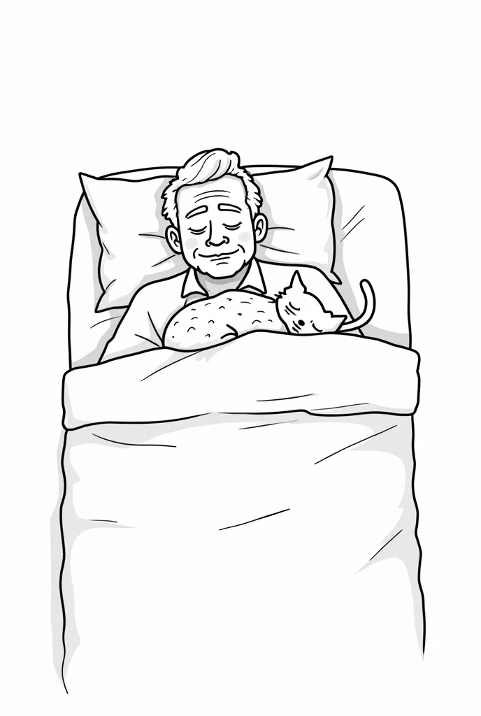 grandpa sleep with a cat on the bed carton style, black lines