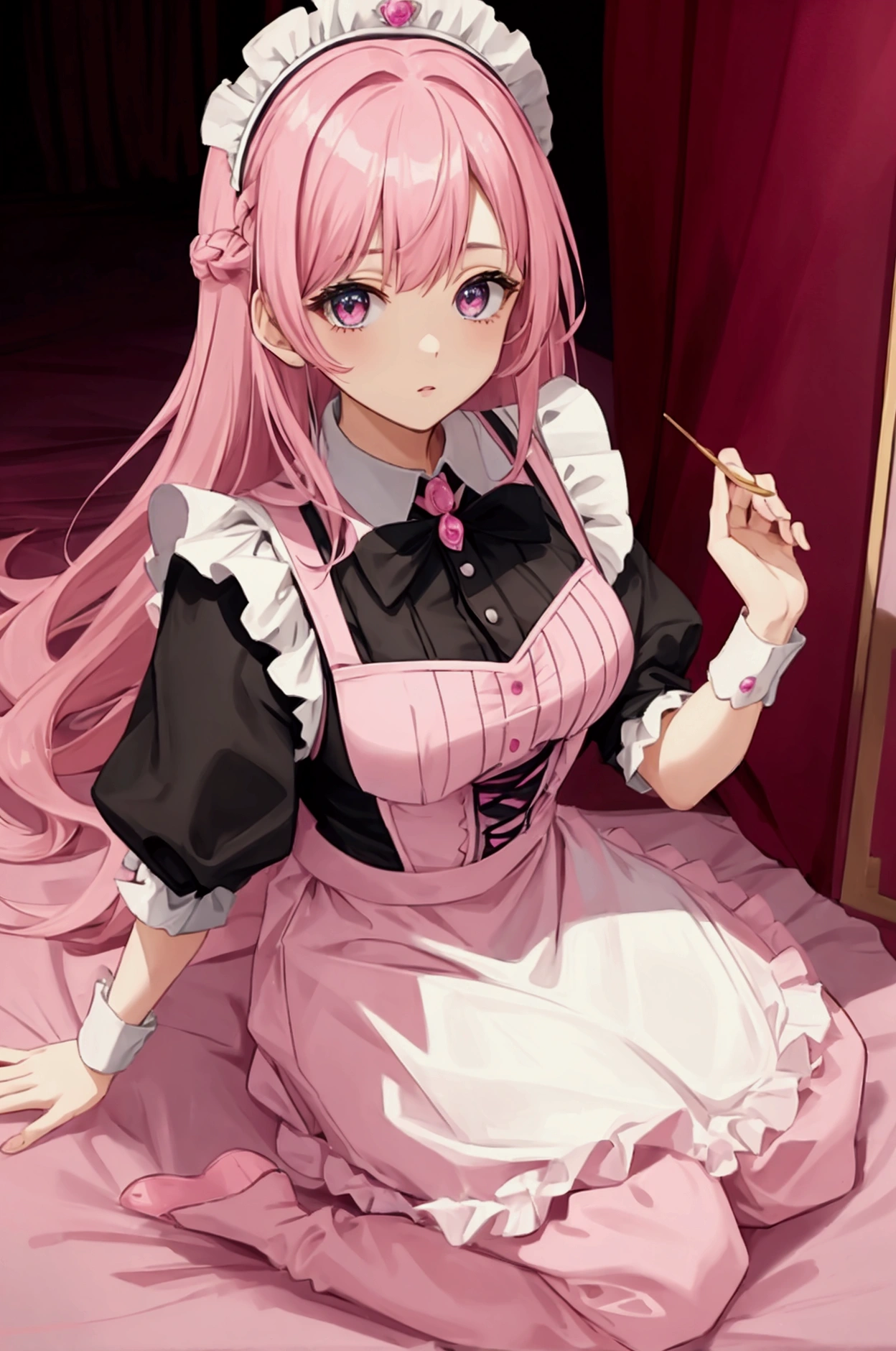woman,pink hair,Maid outfit,,Two-color eyes,middle bust